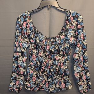 True Destiny Black Floral Long-Sleeve Blouse with Pink & Blue Blooms
